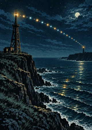 Two silhouetted radio masts on separate coastal headlands connected by a dotted arc of glowing lights above a dark ocean.