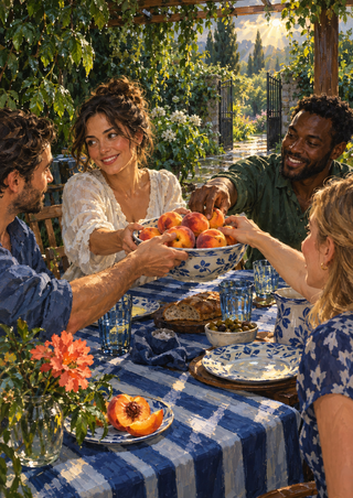 Four adults gather beneath a leafy pergola, passing a bowl of peaches over a blue-striped garden tablecloth.