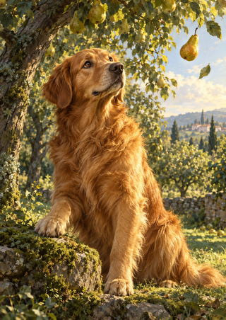 A red-gold retriever sits beneath a pear tree and looks up toward a hanging pear, with a mossy stone ledge and dappled light.