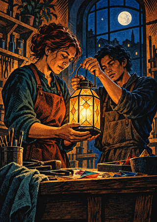 Two adult craftspeople hold a glowing amber lantern at a workshop bench beneath an arched night window.