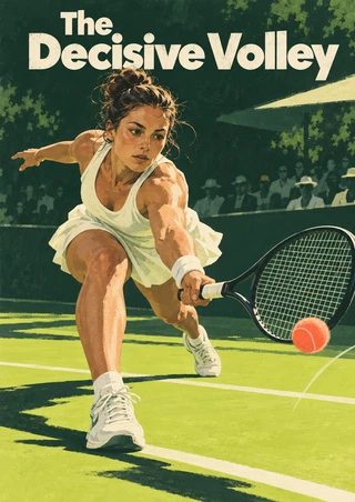 Adult woman tennis player lunging with racket toward a coral ball, with The Decisive Volley title above.