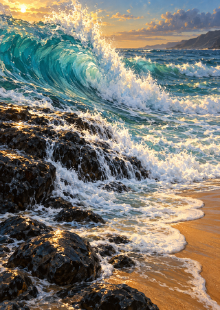 A turquoise wave breaks over dark wet rock shelves, sending white foam toward an ochre shoreline.