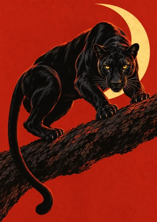 Black panther with golden eyes crouching on a diagonal branch against a vermilion background with a pale yellow crescent.