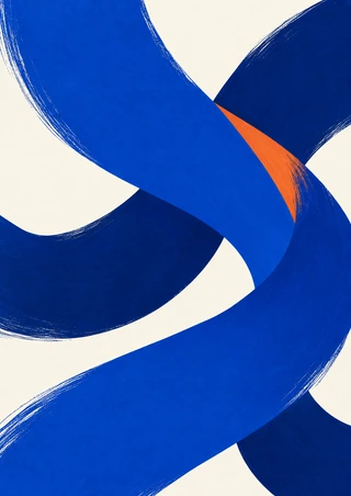 Abstract poster of sweeping cobalt and ultramarine ribbon-like bands crossing over a warm-white ground, with an orange accent.