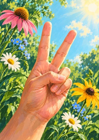 Warm-toned hand making a peace sign among pink coneflowers, white daisies, blue blossoms, and green foliage beneath a bright blue sky.