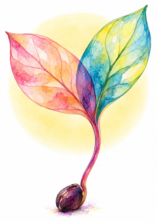 Colorful two-leaf seedling with translucent rose, apricot, turquoise, and lemon leaves growing from a dark plum seed against white with a yellow glow.