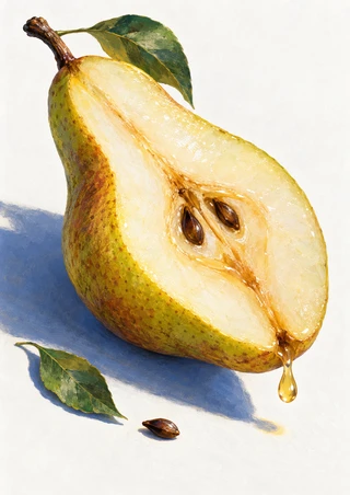 A ripe pear cut lengthwise with seeds showing and an amber drop falling from its tip, above a blue shadow on a pale background.