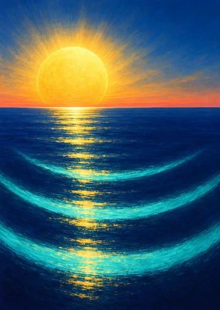 Glowing golden sun above indigo water, with a broken gold reflection and three turquoise curved bands across the lower half.