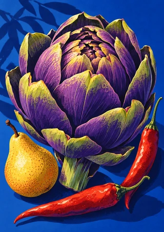 Bold graphic still life of a large violet artichoke with a golden pear and two red chiles against a cobalt-blue background.
