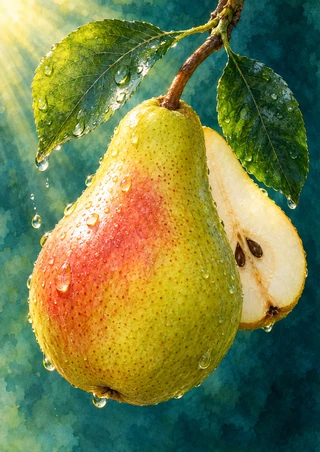 Rain-speckled yellow-green pear with red blush, glossy leaves, and a partly hidden cut pear showing seeds against teal.