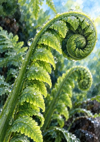 Close-up of a rain-beaded green fiddlehead fern curling into a spiral, with a softer second frond in the leafy background.