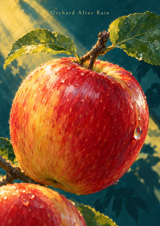 A large red-and-gold apple with rain beads hangs from a leafy branch against deep teal, with warm light, a cropped second apple and the title “Orchard After Rain.”