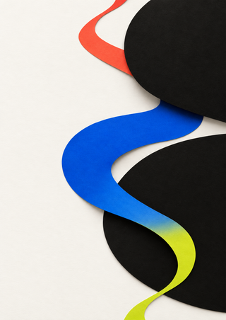 Coral, cobalt, and chartreuse ribbon weaving among three overlapping black ovals on an off-white background.