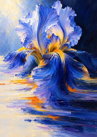 A large blue iris with a yellow-orange center dissolves into horizontal cobalt, violet, and orange paint streaks against indigo.