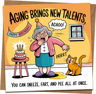 Funny Birthday Card - Aging Brings New Talents - You Can Sneeze, Fart and Pee All at Once - Adult Humor Joke Card for Her or Him - 145mm x 145mm - Includes Kraft Envelope