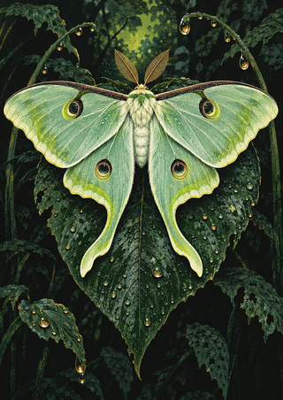 Pale green luna moth with spread wings resting on a rain-beaded leaf amid dark foliage and curling stems.
