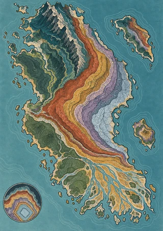 Decorative top-down map of an elongated fictional island with colorful strata, smaller offshore islands, contour lines, and a circular cross-section inset.