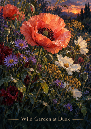 Large coral-pink poppy with dark stamens surrounded by violet and white flowers, golden seed heads, and wet foliage at sunset; title at bottom.