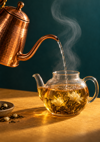 Copper gooseneck kettle pouring amber tea into a glass teapot with pale blossoms, with a tea bowl on a saffron surface.