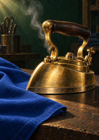 Antique-style brass garment iron with a dark wooden handle beside folded cobalt cloth on a workbench, with steam rising behind it.