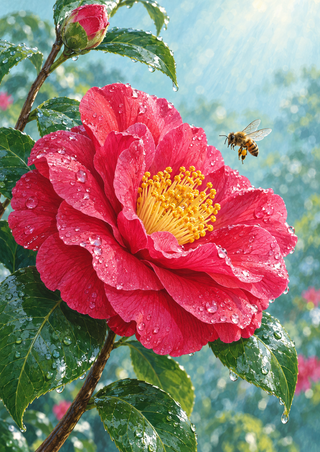 Large pink-red camellia with water droplets and a hovering bee against a pale aqua-blue background.