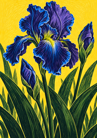 Indigo and violet iris with two buds and long green leaves against a bright yellow background in a carved-print style.