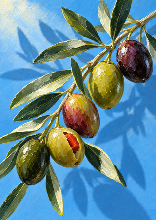Five olives on a diagonal leafy branch against blue, including a split pale olive with a red-orange pimento center and a strong blue foliage shadow.