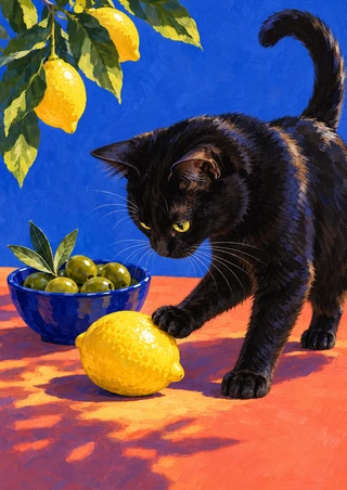 Black cat resting a paw on a yellow lemon beside a blue bowl of green olives on a coral tabletop.