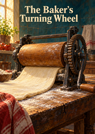 A hand-cranked wooden dough roller pressing dough on a flour-dusted table, with an iron gear and the title “The Baker’s Turning Wheel.”