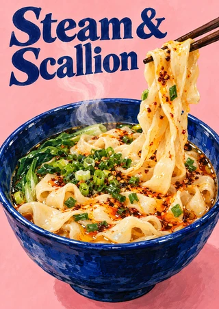 Cobalt-blue bowl of pale noodles with chili oil and green garnish, lifted by dark chopsticks beneath the words “Steam & Scallion.”