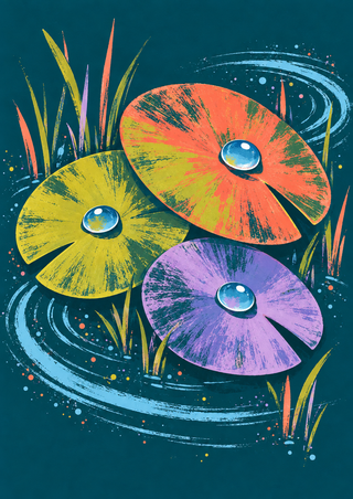 Three overlapping coral, citron, and lavender lily pads each hold a glossy blue raindrop, surrounded by ripples and reeds on deep teal.