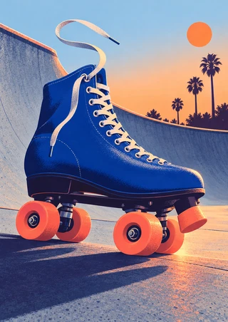 Cobalt high-top roller skate with coral-orange wheels and curling lace on a curved ramp, with an orange sun and palm silhouettes.