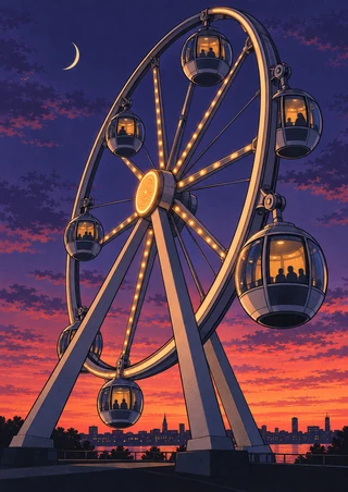 Illustrated observation wheel with six enclosed gondolas and warm lights against a violet and coral dusk sky, with a crescent moon and low skyline.