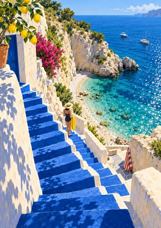 Cobalt steps descend beside pale coastal walls toward turquoise water, with a small towel-carrying figure and boats offshore.
