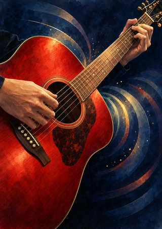 Diagonal red acoustic guitar with two playing hands, gold details, and curved luminous arcs against a dark indigo background.