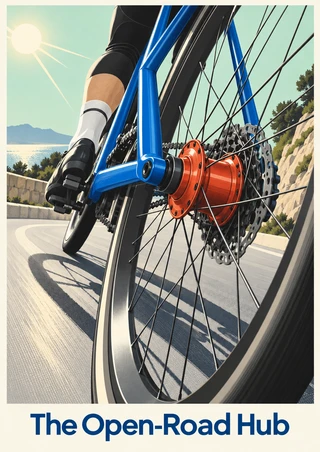 Close-up blue bicycle rear wheel and orange hub on a curving road, with a rider's lower leg, pale mint margins and a large title below.
