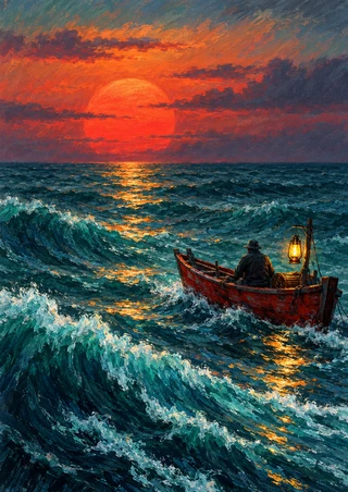 Small red fishing boat carrying a seated silhouette and glowing lantern on rough teal water beneath a large coral-red sunset.