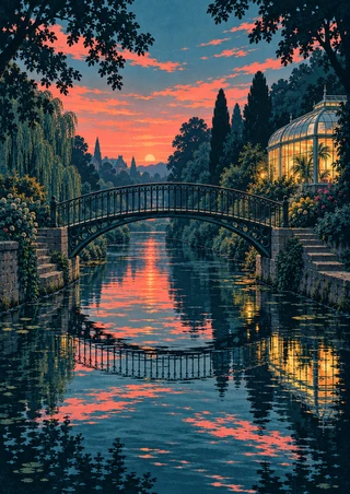 Iron footbridge over a canal at dusk, with a glowing glass conservatory on the right bank and a broken oval reflection in the water.