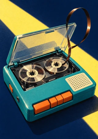 Teal portable cassette player with an open lid, exposed reels, orange controls, and curling dark tape against a midnight-blue background with a yellow diagonal band.