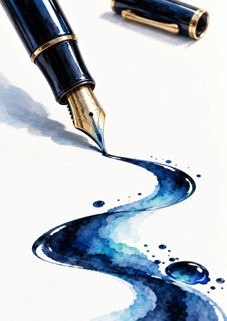 A dark fountain pen with gold-toned trim touches white paper beside a flowing blue-black ink stroke and separate cap.