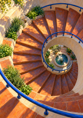 Terracotta spiral staircase with cobalt-blue railings winding above a planted court and small fountain.