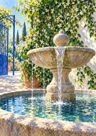 Stone fountain spilling water into a circular pool in a flowering courtyard, with an open cobalt gate at left.