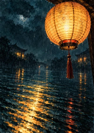 A large glowing ribbed amber lantern hangs above a rain-dark canal, with a tassel, distant lights, and golden reflections.