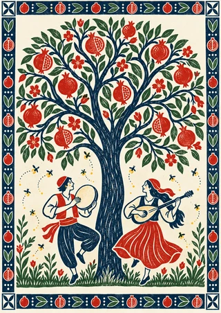 Decorative pomegranate tree with red fruit above two small musicians in dance-like poses, framed by an indigo geometric border.