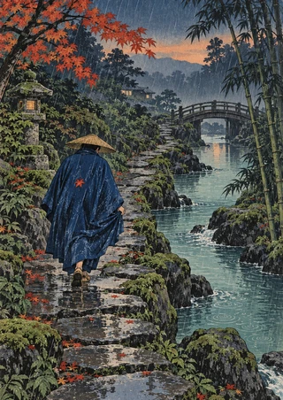 Cloaked traveler in a straw hat walking over wet stepping stones beside a stream, with an arched bridge, bamboo, lantern, and rain.