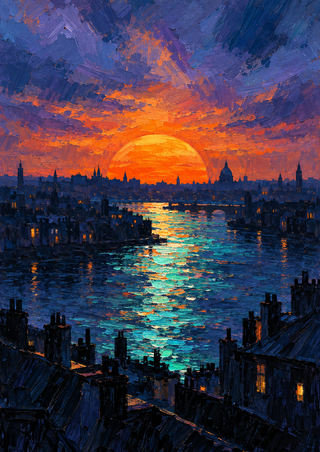 An orange sun sets behind a dark city skyline as a teal river reflection runs toward the foreground.