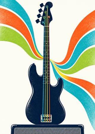 Midnight-blue electric bass with colored strings and sweeping turquoise, orange, and green ribbons above a cropped amplifier grille on warm white.