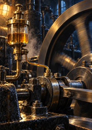 Brass oil reservoir and curved pipe beside a steel bearing and motion-blurred flywheel in a dark machinery setting.