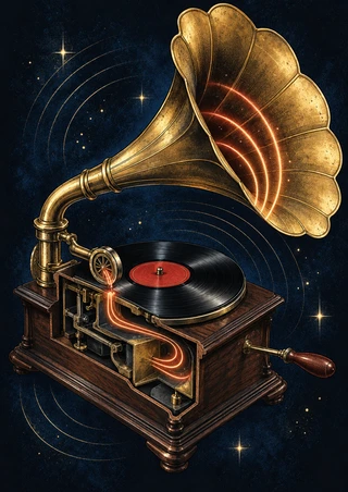 Antique-style gramophone with brass horn, black record, cutaway wooden cabinet, and glowing curved bands on a dark background.