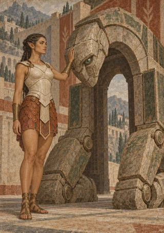 Armored pointed-eared woman beside a monumental stone gate mechanism, with a fortified city and mountains in the background.